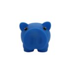 Front view of a blue rubber pig toy with a large snout and black eyes, set against a plain white background.