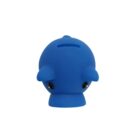 Blue dolphin-shaped piggy bank with a coin slot on top and small black eyes, viewed from the front on a plain white background.