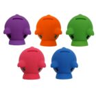 Five brightly colored, round piggy banks shaped like dolphins are arranged in a semi-circle. They are colored purple, orange, green, pink, and blue. Each has a coin slot on top and black eyes.