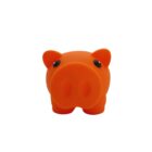 Orange rubber toy shaped like a pig with black eyes, viewed from the front on a plain white background.
