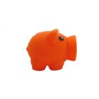 An orange rubber piggy bank viewed from the side on a plain white background. The piggy bank is simple and stylized with black eyes and no visible slot for coins.