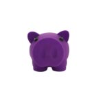 Purple piggy bank toy with a smooth, round body and large snout, facing forward on a white background.