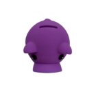 Purple whale-shaped piggy bank with a coin slot on top, two small fins, and black eyes. The bank is on a plain white background.