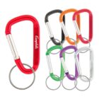 A collection of seven carabiner keychains in different colors: red, black, orange, silver, green, purple, and blue. Each keychain has a metal split ring attached to one end. The red carabiner has a white logo on its side.