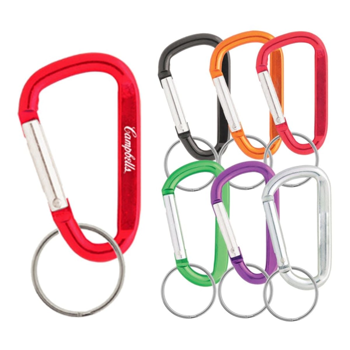 A collection of seven carabiner keychains in different colors: red, black, orange, silver, green, purple, and blue. Each keychain has a metal split ring attached to one end. The red carabiner has a white logo on its side.