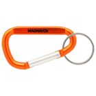 An orange carabiner keychain with a silver latch and an attached silver keyring. The word MAGNAVOX is printed in black on the carabiner.