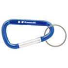 A blue carabiner keychain with a silver circular keyring attached. The carabiner is labeled with Kawasaki in white lettering.