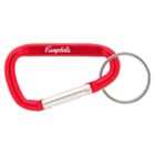 Red carabiner with the word Campbells printed on it, attached to a metal keyring.