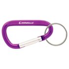 Purple carabiner with a silver gate, featuring the word CARAVELLE on one side. Attached is a circular split keyring.