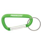 A green carabiner with a white Progressive logo printed on it, attached to a metal keyring.