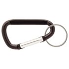 A black carabiner with a silver clasp, attached to a circular silver keyring.