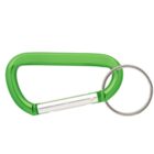 Green carabiner attached to a silver metal keyring on a white background.