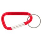 A red carabiner clip attached to a round metal key ring. The carabiner has a flat spring-loaded gate for attaching and securing items.