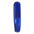 A side view of a blue plastic stapler against a white background.