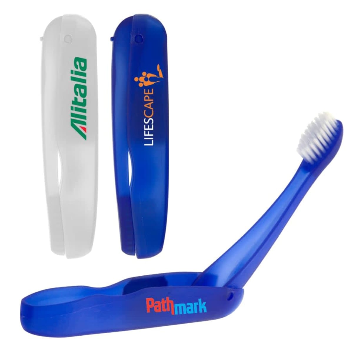 Three travel toothbrushes are shown: one white with Alitalia logo, and two blue with Lifescape and Pathmark text. The blue one in the foreground is open, displaying white bristles.