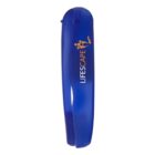 A blue, curved, ergonomic plastic object with the text Lifescape and an abstract orange figure printed on it.