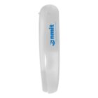 A white staple-less stapler with a translucent cover, featuring a blue logo and text on the side. The text reads nmit with a slogan below. The stapler is in a vertical position against a white background.