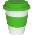 A white reusable cup with a bright green lid and matching green silicone band around the middle, designed for hot beverages. The lid appears secure for spill prevention.
