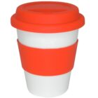 A white reusable cup with a red silicone grip and matching red lid. The cup has a smooth, modern design.
