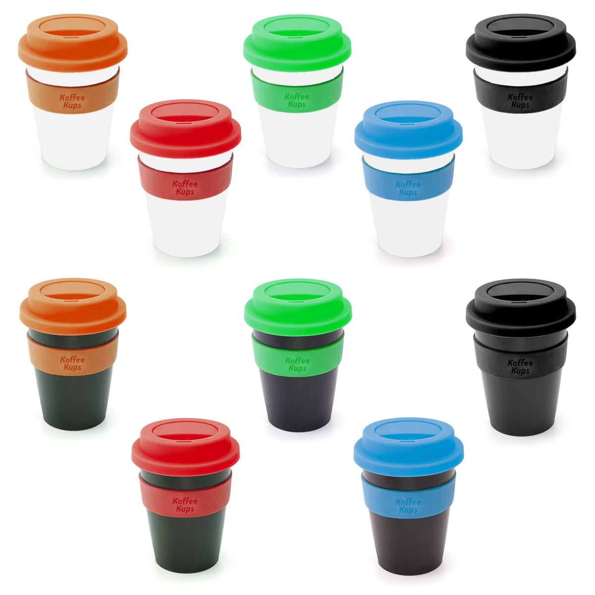 A collection of colorful reusable coffee cups with lids in various combinations of green, blue, red, orange, black, and brown, arranged in rows. Each cup features the text Koffee Kup on its band.
