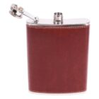 A stainless steel hip flask with a brown leather cover and hinged cap, open and ready to fill, shown against a white background.