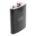 A sleek, black leather-wrapped hip flask with a shiny silver cap. It features the words Calla Magna in elegant white script on its front. The flask is standing upright against a white background.