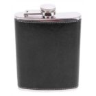 A stainless steel hip flask with a black leather cover. The flask has a curved design with a screw-on cap attached by a hinge.