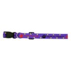 A purple pet collar with a black plastic buckle, featuring red and black paw prints and yellow outlines. The text PAUSE For Safety and PAUSE For Teamwork is printed in yellow.