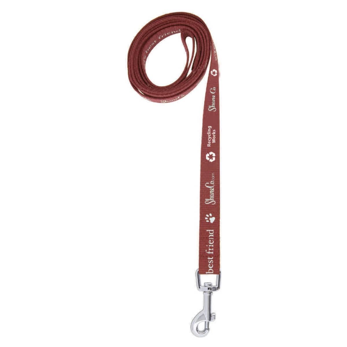 A rolled-up red dog leash with white text and paw print designs. It features a metal clasp at the end for attaching to a collar. The leash displays the words best friend among other text and logos.