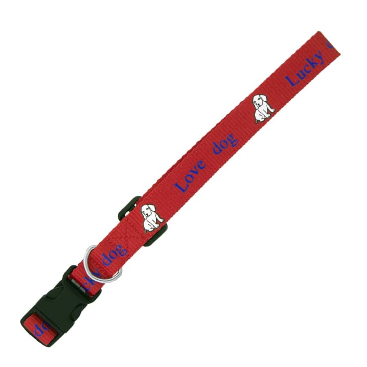 A red dog collar with blue text that reads Love dog and Lucky. It features small white dog illustrations and has a black plastic buckle and a metal D-ring for leash attachment.