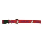A red dog collar with a black buckle featuring the words Love dog and Lucky in blue. It also has small white cartoon dog illustrations and a metal ring for attaching a leash.