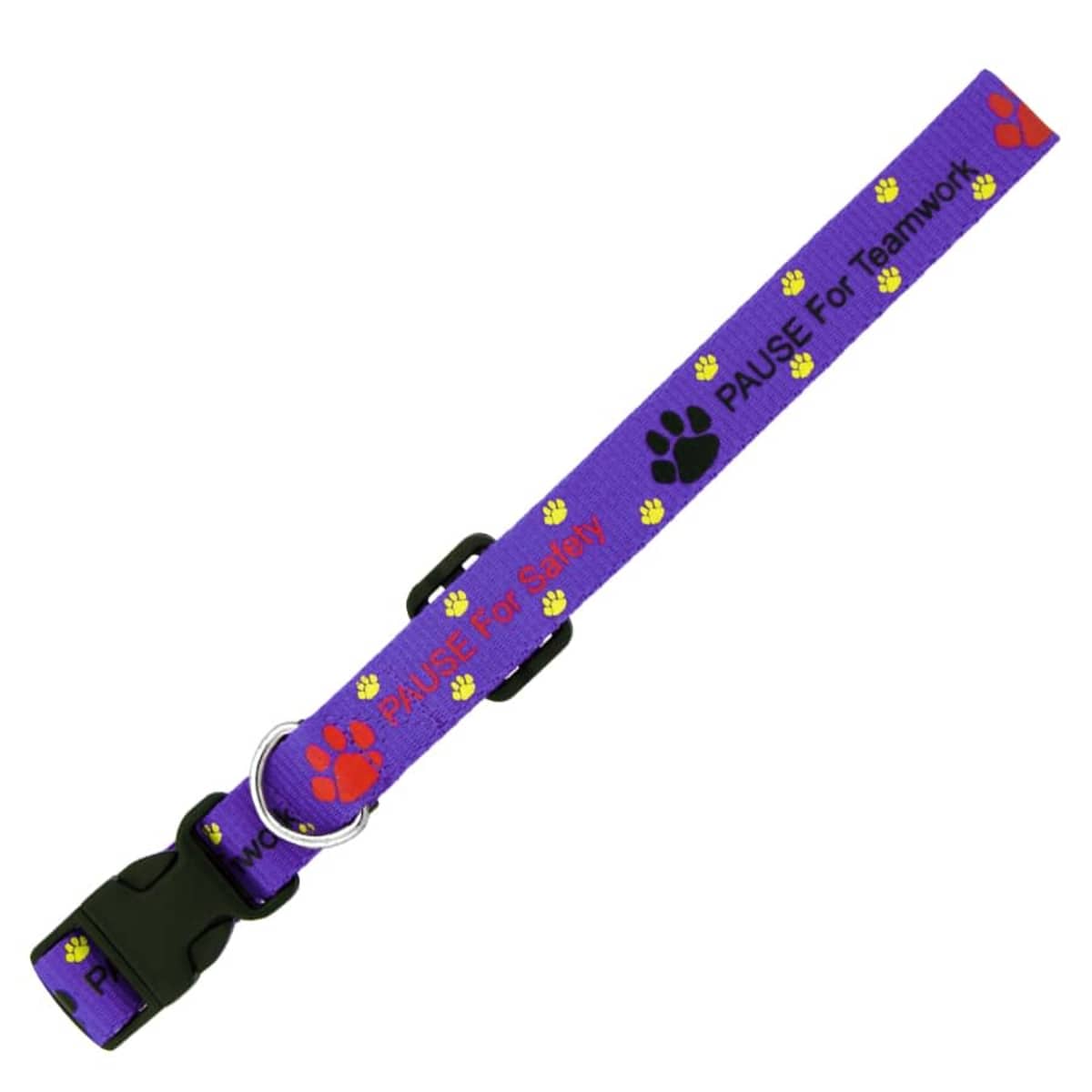 A purple collar with black plastic buckles and a metal ring. It features red and black paw prints with the phrases PAUSE for Safety and PAUSE for Teamwork printed in yellow and black.