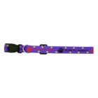 A purple adjustable pet collar featuring yellow and black paw prints. The collar has text reading PAUSE For Safety and PAUSE For Teamwork in yellow and black. A black buckle and metal ring are also visible.