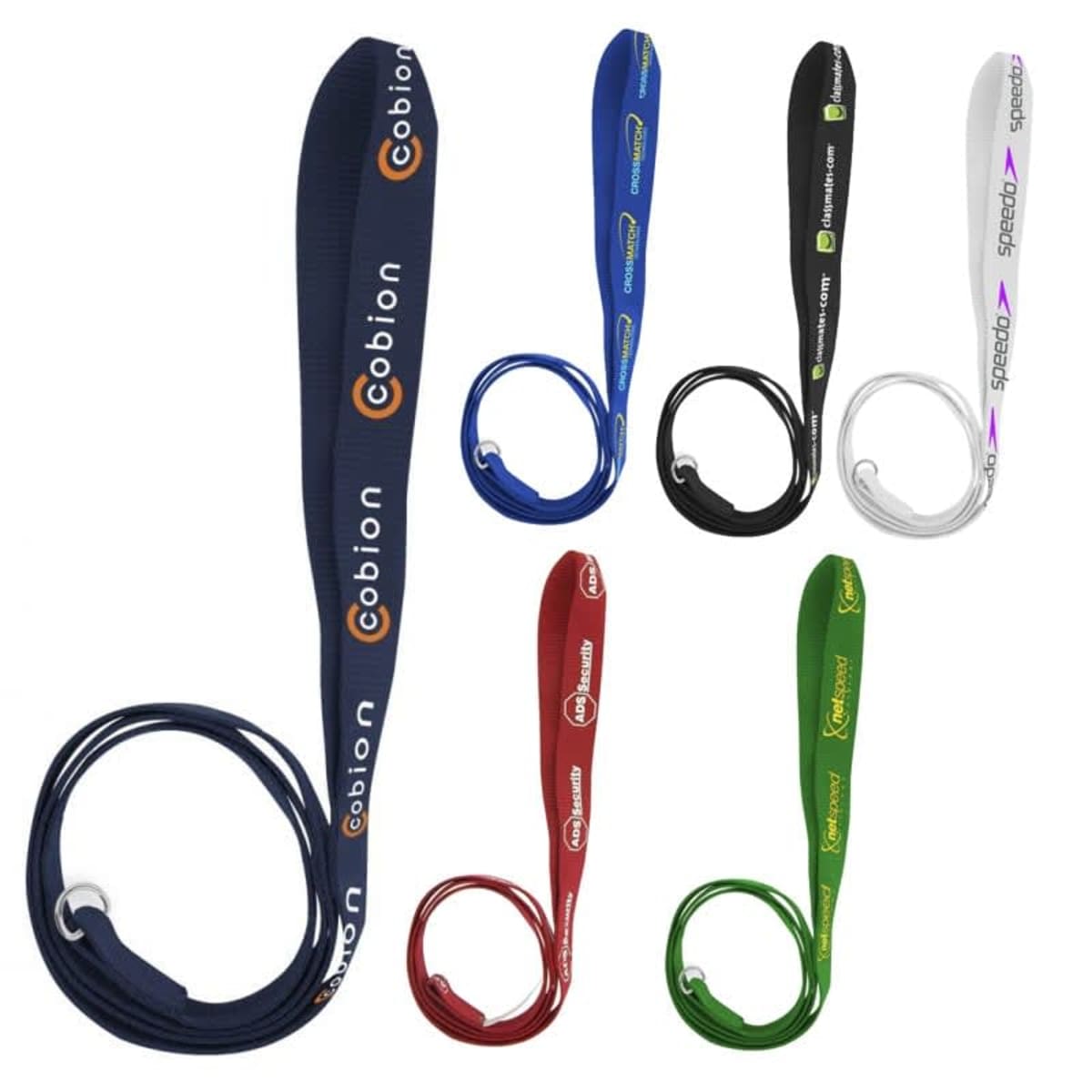 A collection of six colorful elastic fabric bands with looped ends, each featuring printed branding. The bands come in various colors: blue, black, navy, red, green, and white, each with different logos.
