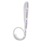Close-up of a white strap with the Speedo logo in purple and black. The strap is coiled into a loop at the bottom and extends upward, creating a gentle curve. The logo features an arrow design next to the brand name.