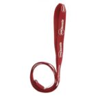 Red loop sling with white ADS Security text and logo printed repetitively. The sling forms a loop and is used for lifting or securing objects.
