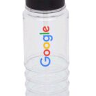 Transparent water bottle with a black lid and straw, featuring the Google logo in colorful letters on the front.