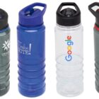 Four plastic water bottles with handles on their lids. The bottles are various colors: one with CROSS logo, one blue with Take NOTE! text, one clear with Google, and another dark with a CROSS logo.