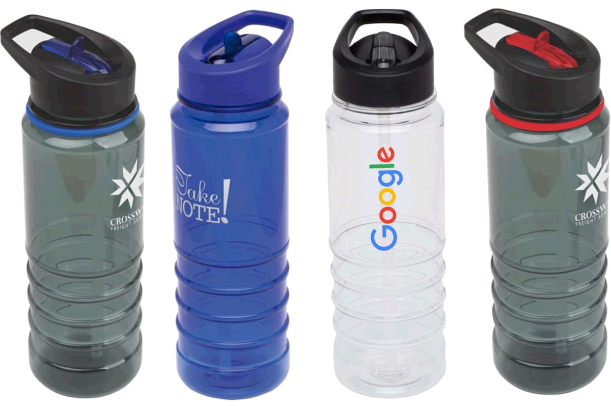 Four plastic water bottles with handles on their lids. The bottles are various colors: one with CROSS logo, one blue with Take NOTE! text, one clear with Google, and another dark with a CROSS logo.