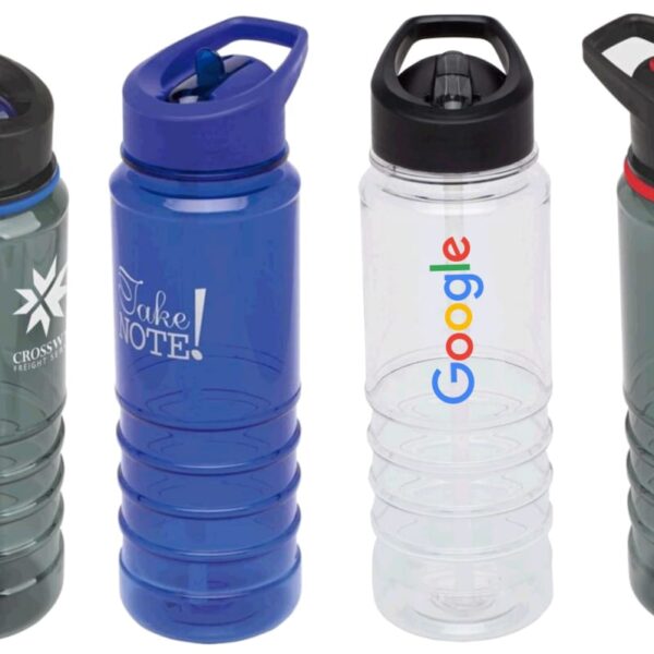 Four plastic water bottles with flip-top lids. The first is gray with a star and text logo, the second is blue with Take Note! text, the third is clear with a multicolored logo, and the fourth is gray with a star logo, all on a white background.