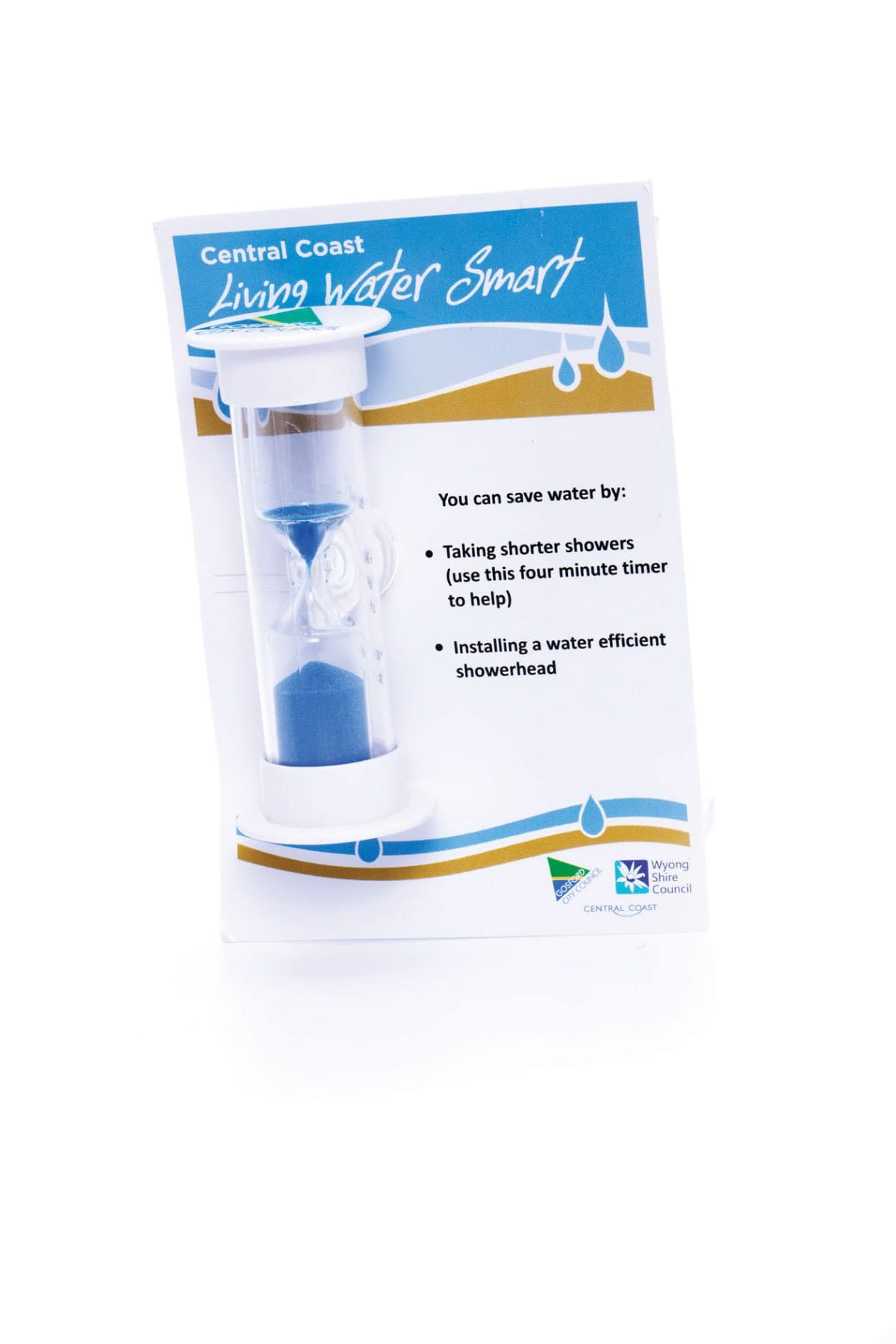 A brochure titled Central Coast Living Water Smart with an hourglass showing blue sand. It suggests saving water by taking shorter showers using the timer and installing a water-efficient showerhead.