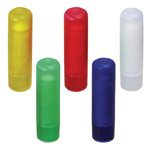 Five lip balm containers with caps are arranged. They are colored yellow, red, white, green, and blue. Each container is cylindrical and opaque.