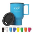 Bright blue travel mug with cua Health logo, featuring a black removable lid. Below are nine smaller mugs in various colors: black, white, orange, pink, yellow, green, light blue, darker blue, and red.