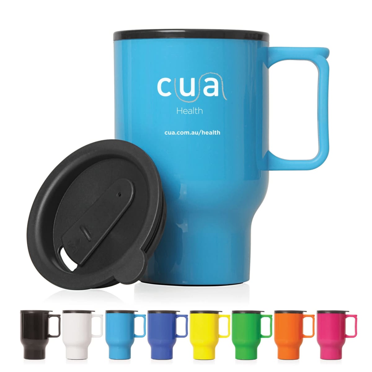 Bright blue travel mug with cua Health logo, featuring a black removable lid. Below are nine smaller mugs in various colors: black, white, orange, pink, yellow, green, light blue, darker blue, and red.