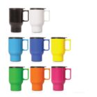 Seven colorful travel mugs with handles, arranged in two rows. Top row: black, white, and light blue mugs. Bottom row includes mugs in dark blue, yellow, green, orange, and pink. All have black lids.