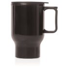 Black travel mug with a handle and a lid, designed for holding hot beverages. The mug has a slightly tapered base to fit car cup holders. The surface is smooth and shiny, reflecting light.