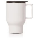 A white travel mug with a cylindrical shape, wide bottom, and rectangular handle. It has a black lid designed to fit securely on top. The mug is shown against a plain white background.