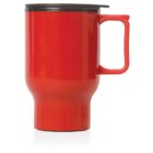A bright red travel mug with a black lid and a square-shaped handle, shown against a plain white background.