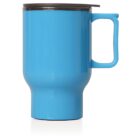 A bright blue travel mug with a black lid and a rectangular handle, designed with an enlarged base.
