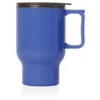 A blue travel mug with a black lid and a wide handle is shown against a white background. The mug has a sleek, tapered design.